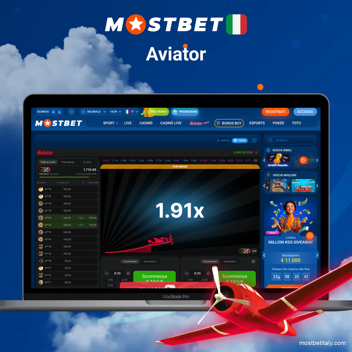Gioco Aviator con moltiplicatori su Mostbet