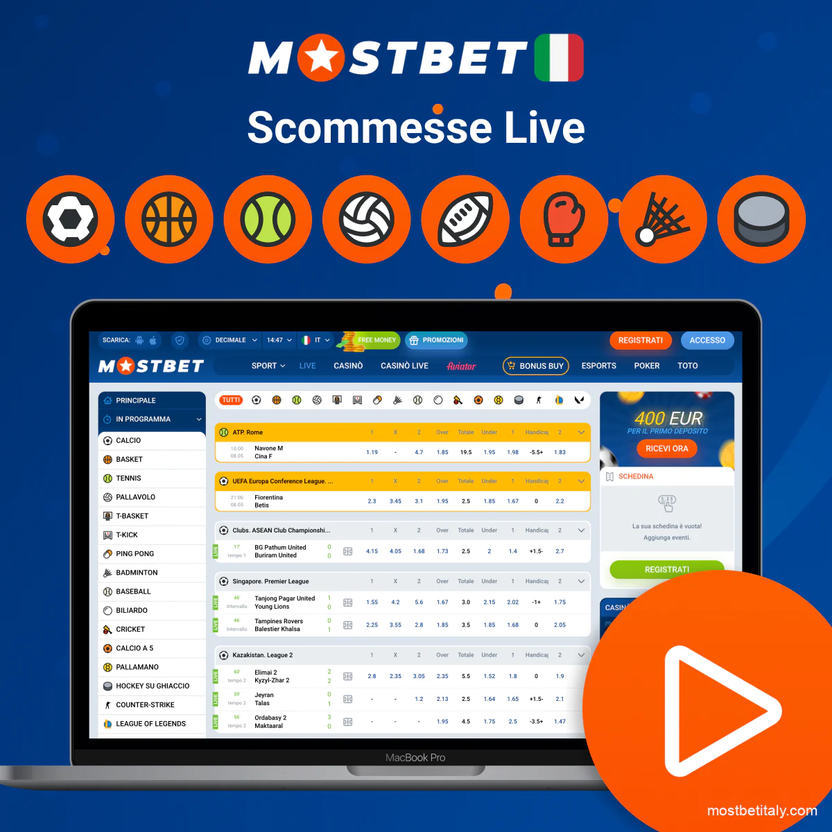 Scommesse live su sport e eventi virtuali su Mostbet
